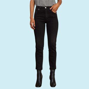AMO Babe Jeans Size 31 Black Magic Button Fly Raw Hem Ankle High Rise Denim $24